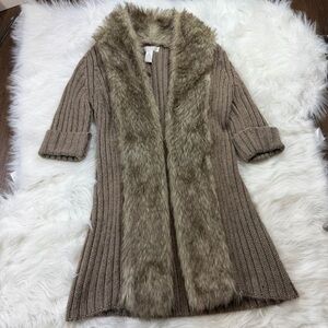 Kenar Taupe Knit Cardigan with Fur Collar